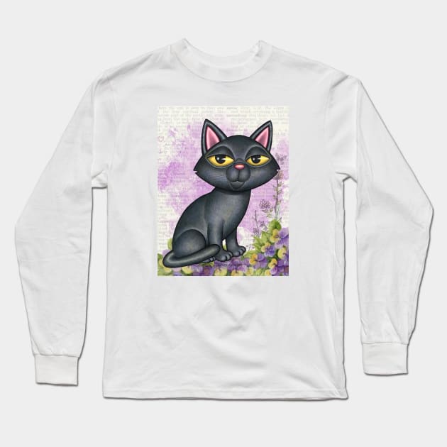 Cute black cat with purple background and flowers Long Sleeve T-Shirt by Danny Gordon Art